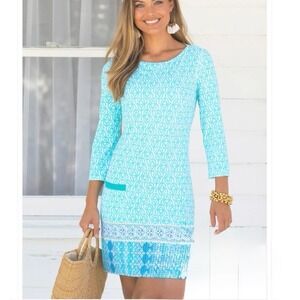 Cabana Life‎ Coastal Cottage Blue 3/4 Sleeve Stretch Shift Dress Pockets SMALL